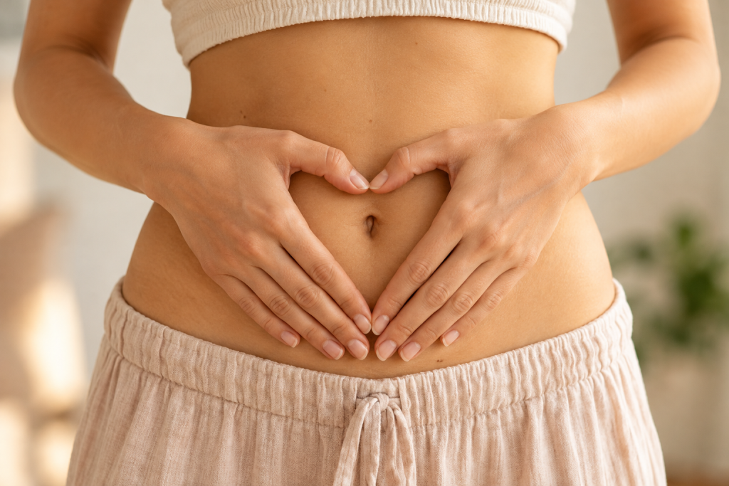 Digestion et santé : ventre de femme avec les mains en cœur autour du nombril